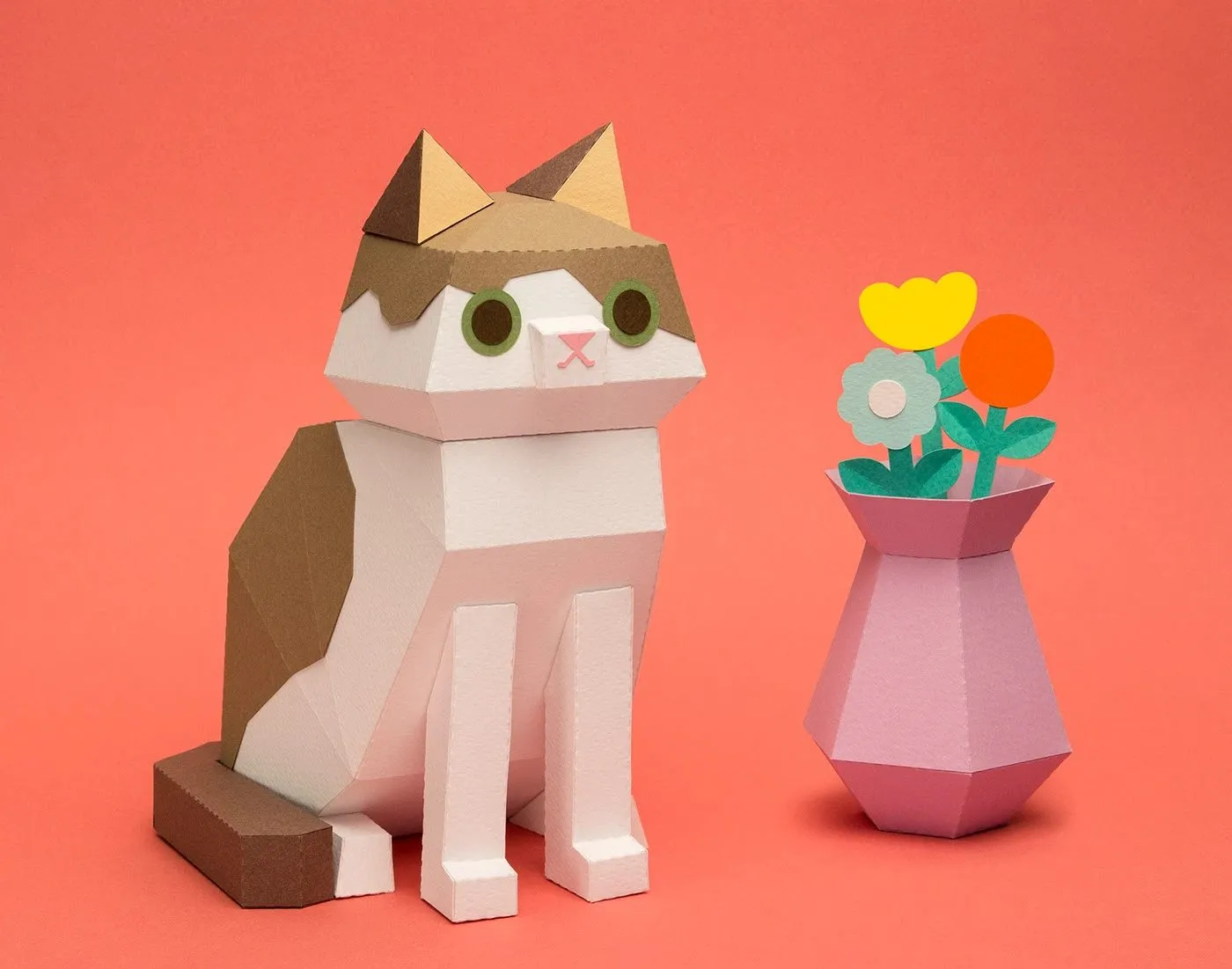 Image 3: Kitten Paper Kits calico cat sculpture and paper vase design on coral backdrop
