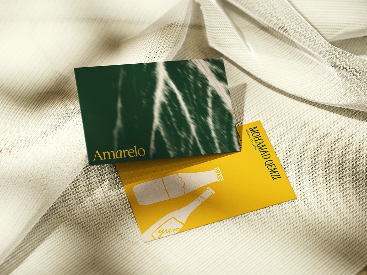 Image 3: Amarelo Beverages branding business cards stationery suite on fabric