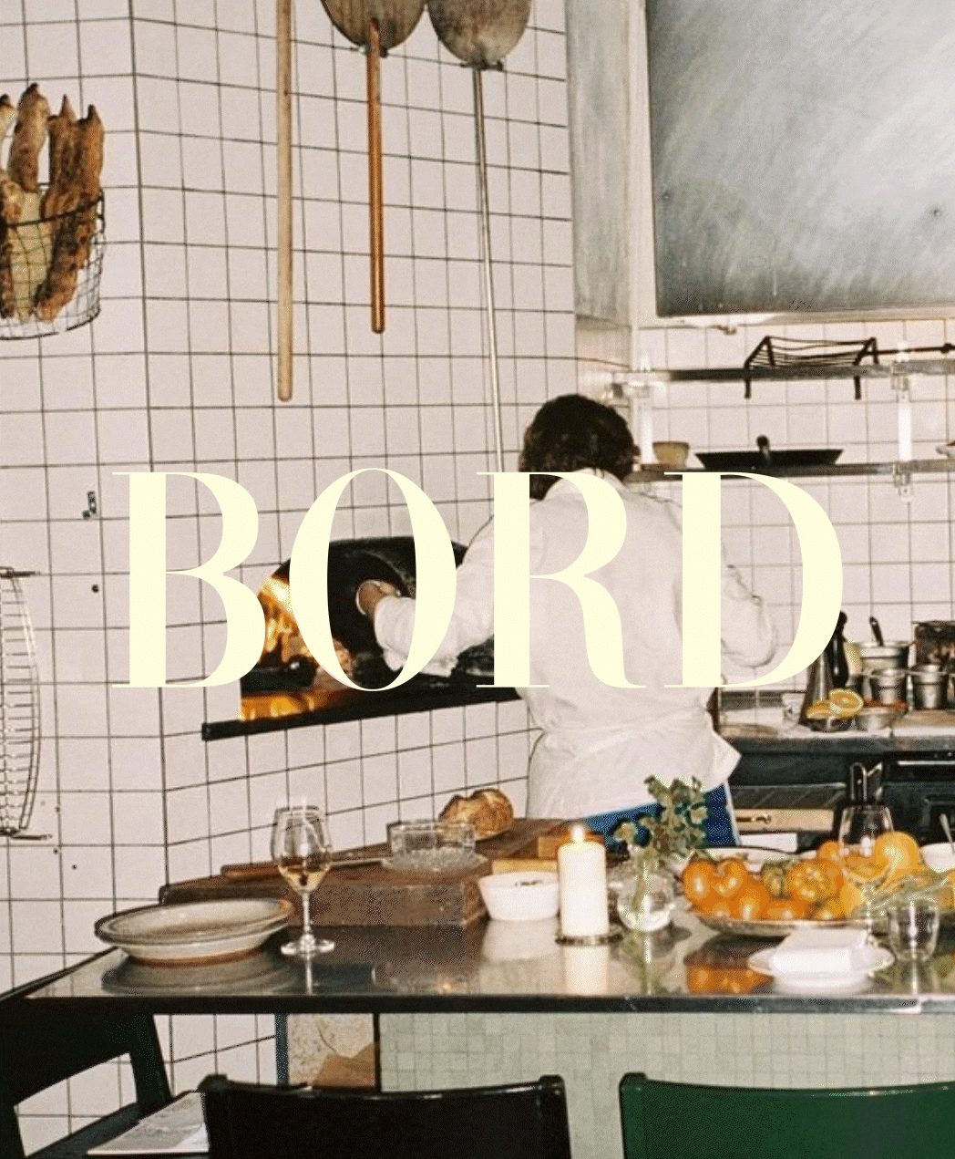 Image 5: Bord restaurant visual branding serif logo overlay on open kitchen