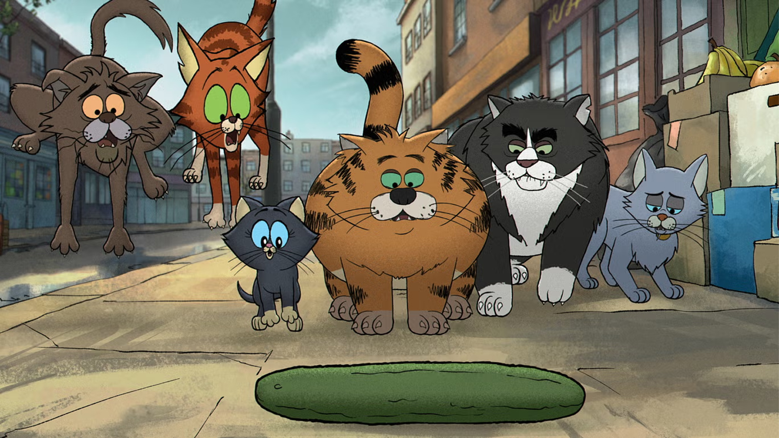 Image 1: Cartoon cats find a cucumber