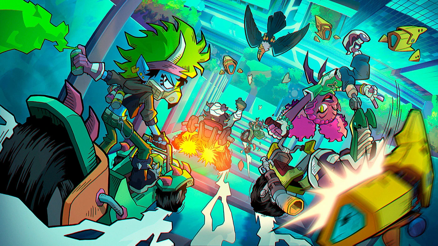 Image 6: styleframe may contain: Fantastic characters racing across a building in a futuristic city. Epic.