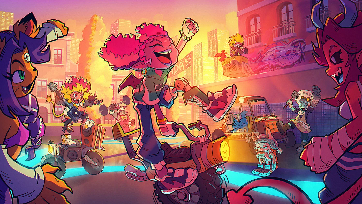 Image 8: Styleframe contain: Fantasy Characters celebrating in a sunset of vibrant, warm colors after a race.