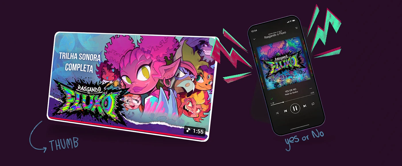 Image 9: Includes: a thumbnail mock-up and Spotify app for the music video, featuring cartoon characters.