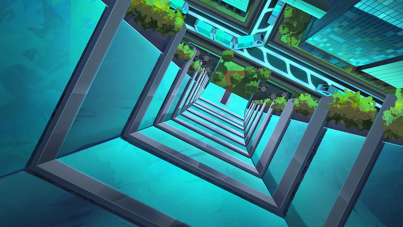 Image 18: Building in perspective, seen from above in a futuristic cyberpunk city mixed with solar punk.