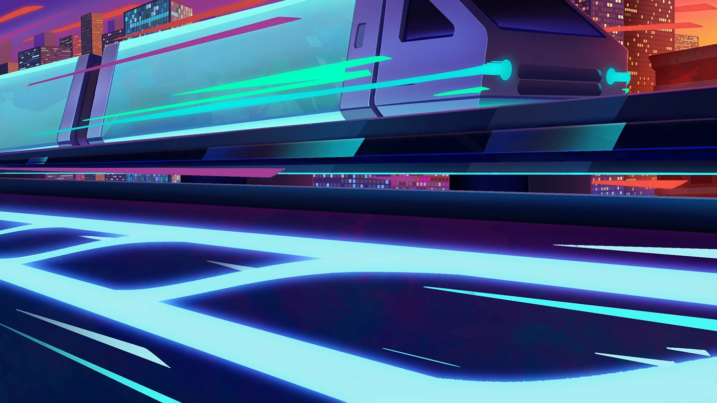 Image 19: A cartoon background on a futuristic, neon-painted racetrack.