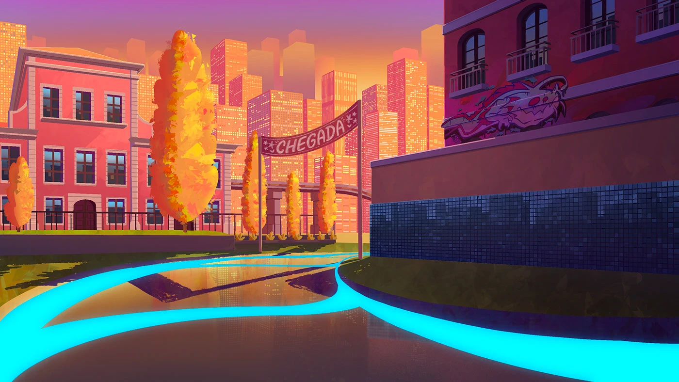 Image 20: A warm city, the background for a public square celebration. Cartoon, with warm colors.