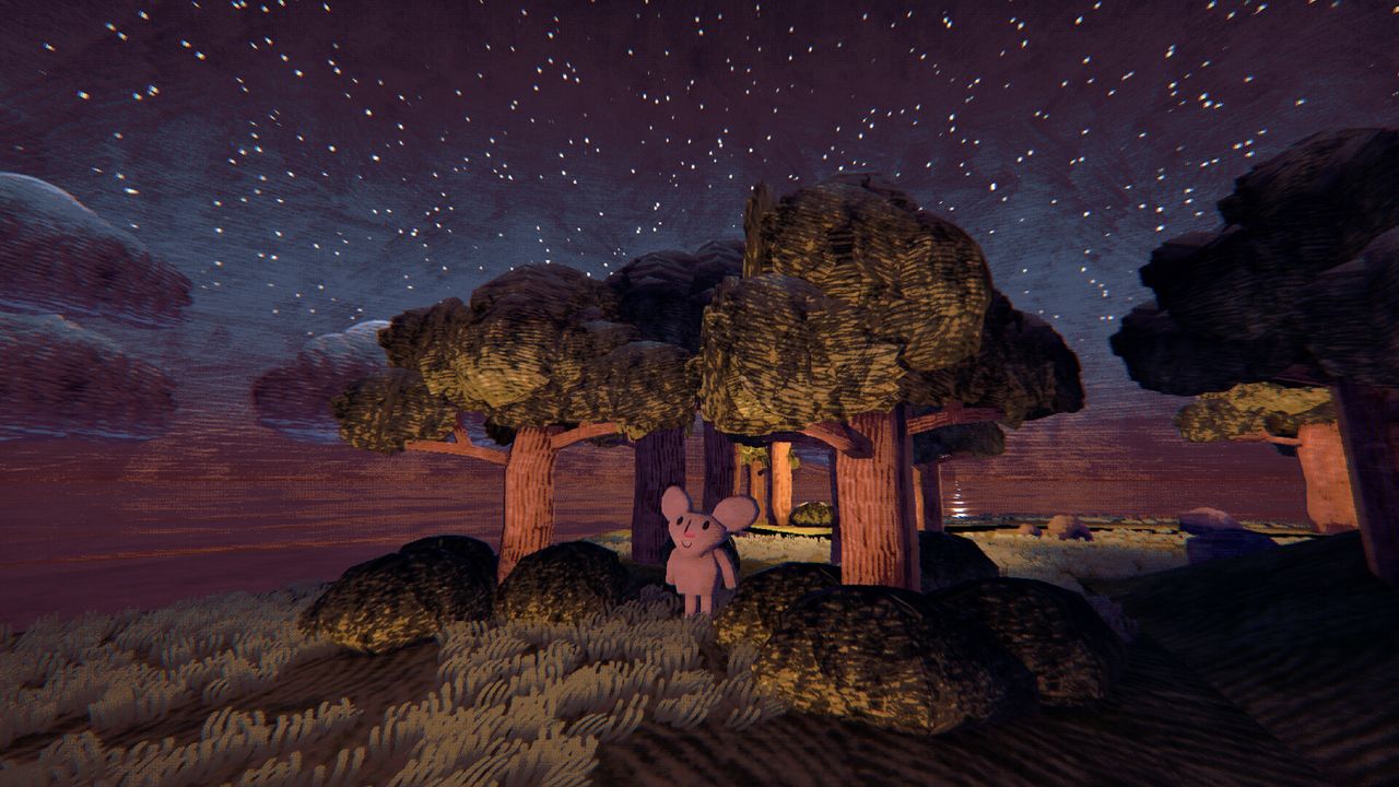 Image 16: A teddy bear-like character stands in a forest in game art made in Blender to look like papercraft