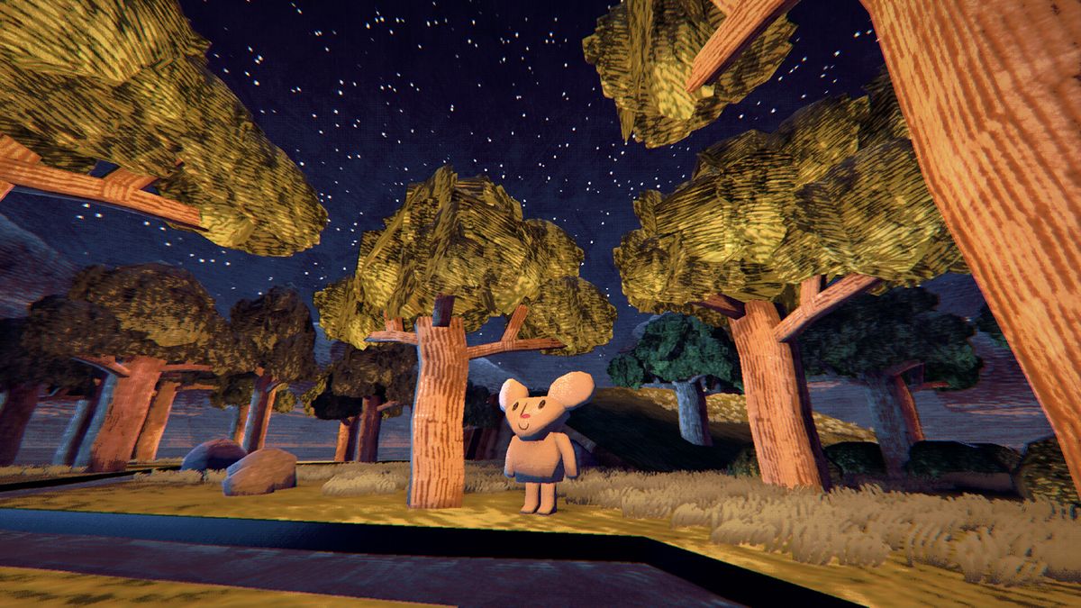 Image 11: A teddy bear-like character stands in a forest in game art made in Blender to look like papercraft