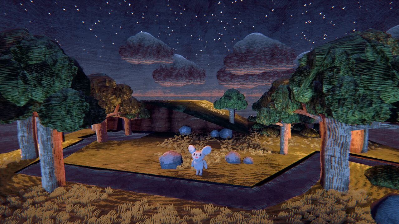 Image 18: A teddy bear-like character stands in a forest in game art made in Blender to look like papercraft
