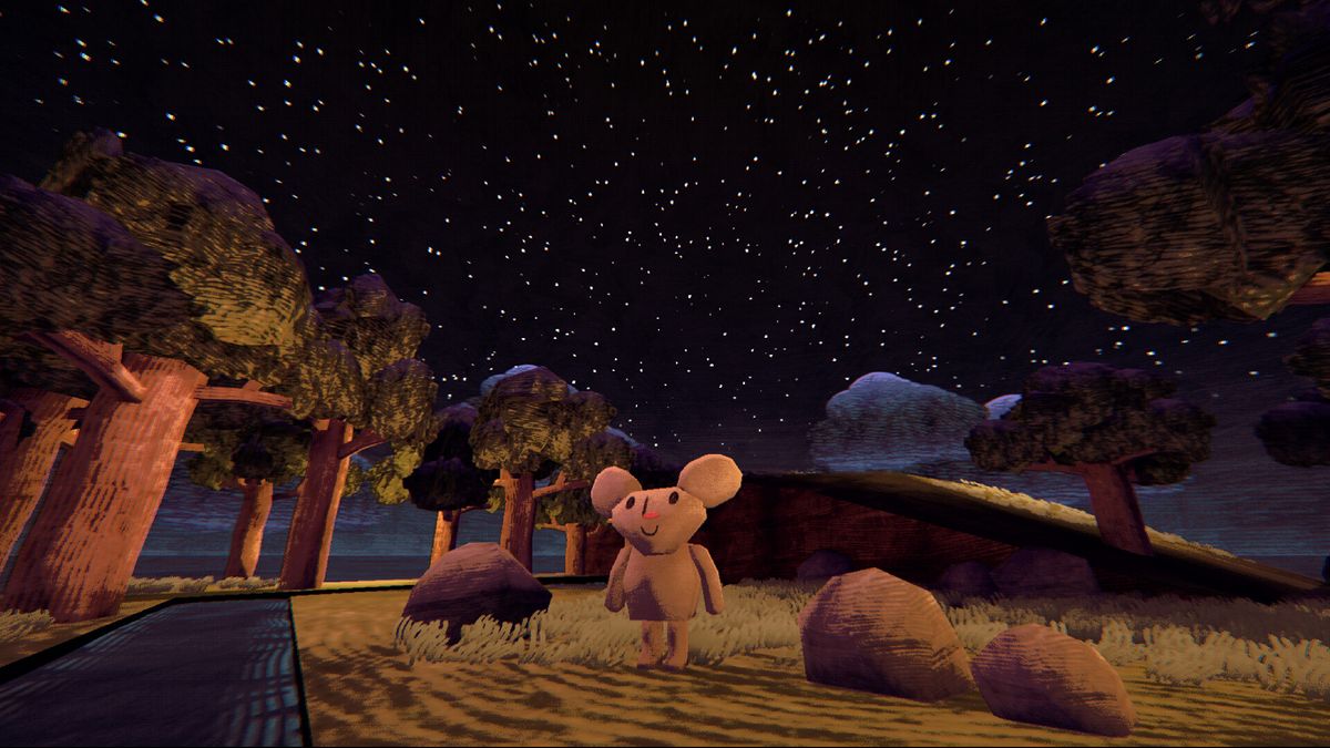 Image 13: A teddy bear-like character stands in a forest in game art made in Blender to look like papercraft
